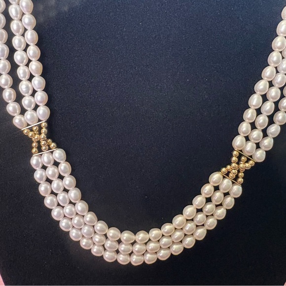 Honora 14K gold and cultured freshwater pearl 3 strand necklace. 16 inches - Picture 3 of 4